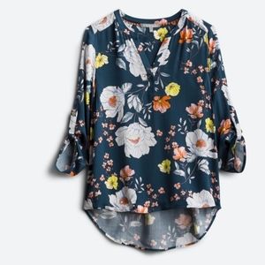 Daniel Rainn Koda Split Neck Blouse, Size M, blue with flower pattern
